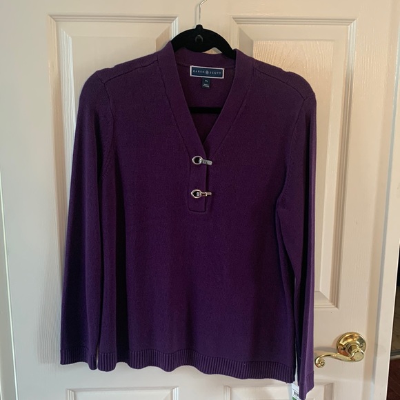 Karen Scott Plum V-neck Sweater: Size Petite L - Picture 2 of 15